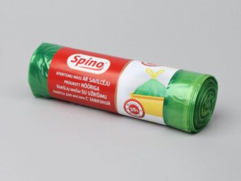 Atkritumu maisi Spino, 35L, LDPE, (55x72cm) 30my, 15gb/rul., biezi, zaļi-caursp. ar savilcēju