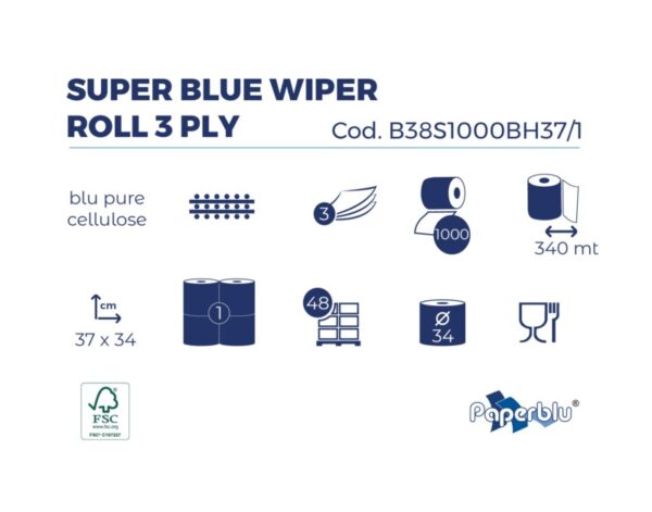 Industriālais papīra dvielis ruļļos PAPER DI XL Zils , 3 slāņi, 340 m, perforēts, 1 rullis/iepak - Image 2